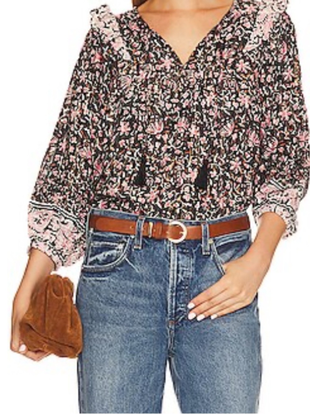 EUC Cleobella Brynlee Blouse in Fan Print SZ L Cotton Blend Black Pink Pretty